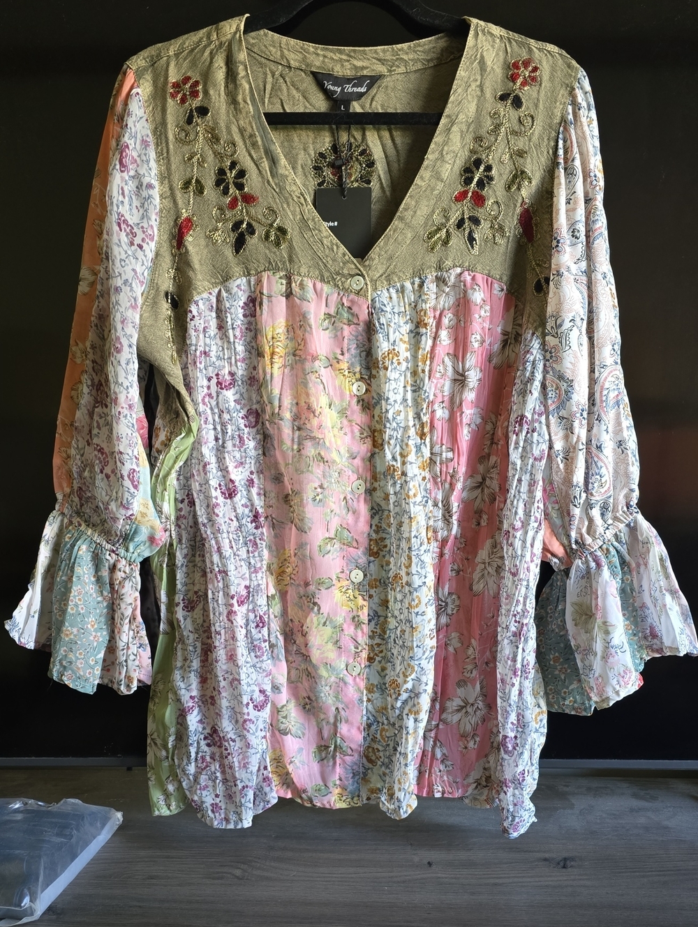 Boho Floral Patchwork Tunic Top in Pastel Pink and Olive